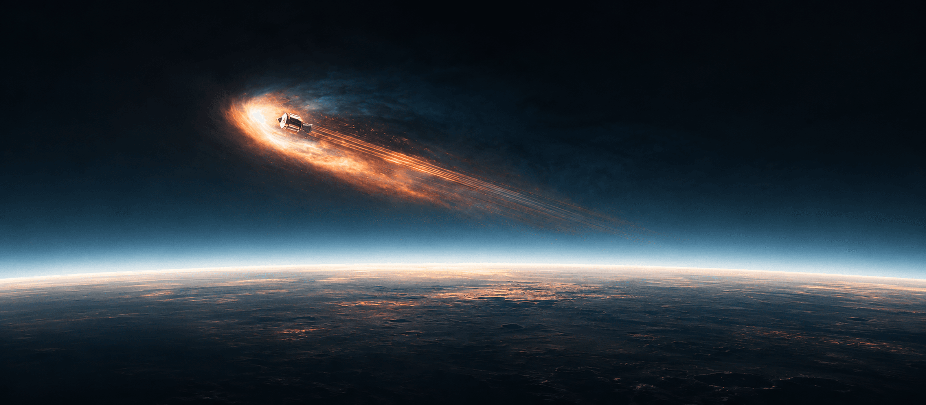 A small spacecraft with an orange atmospheric trail above Earth's curved horizon.